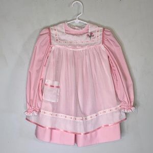 Vintage Pink/White Lace Trim Flower Embroidered Pink Ribbon Girls Toddler Dress